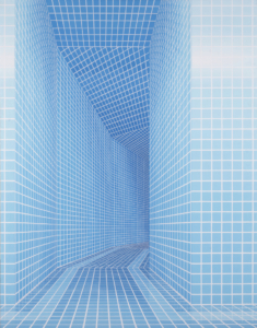 Raum mit Wänden, Boden und Decke aus hellblauen Kacheln mit weißen Fugen in perspektivischer Ansicht.