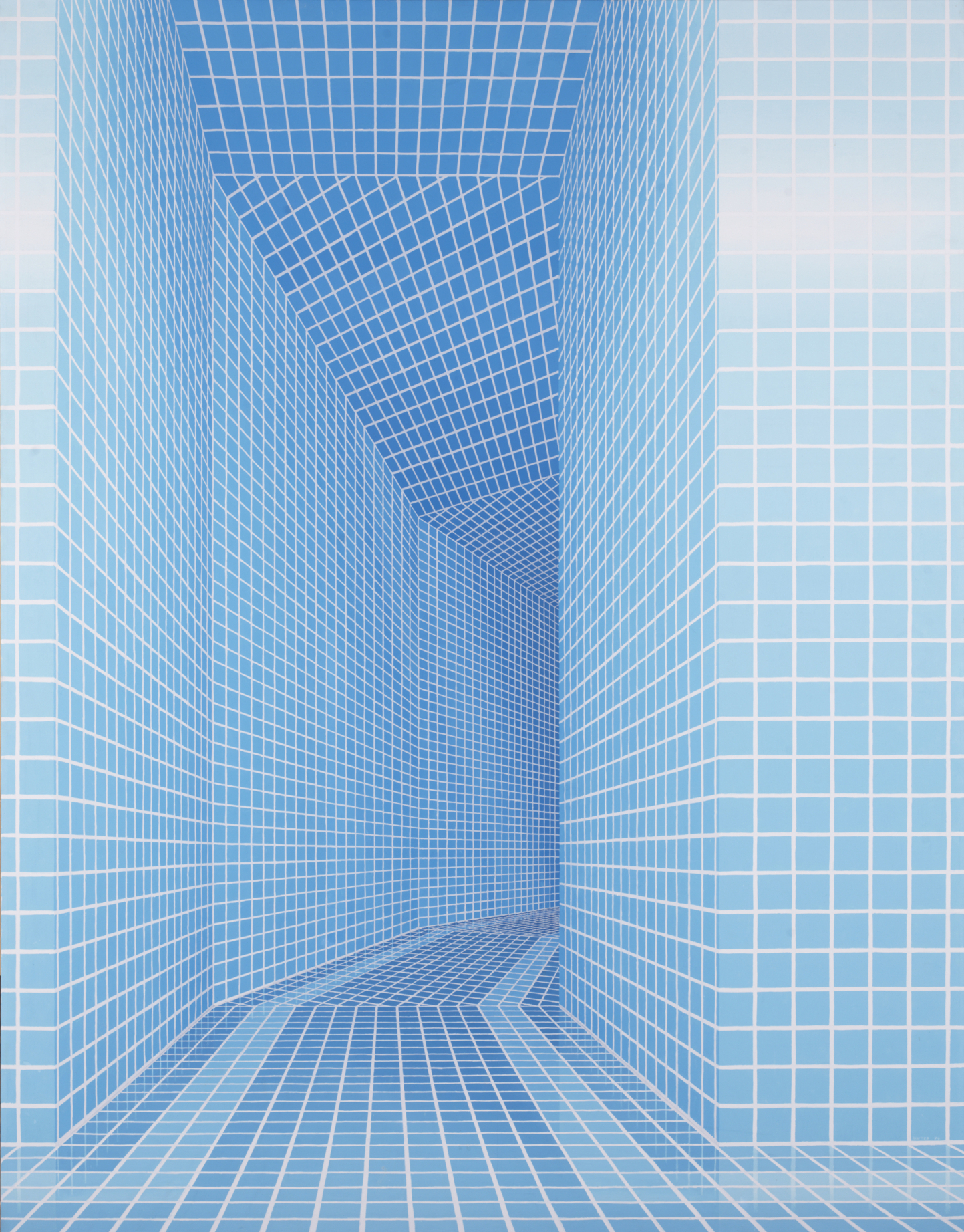 Raum mit Wänden, Boden und Decke aus hellblauen Kacheln mit weißen Fugen in perspektivischer Ansicht.