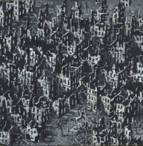 Dunkle, zerstörte Stadt mit Ruinen und kahlen Bäumen in einer düsteren Atmosphäre.