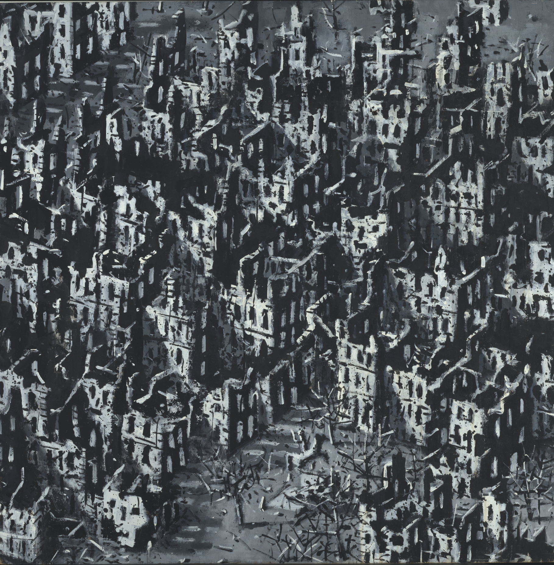 Dunkle, zerstörte Stadt mit Ruinen und kahlen Bäumen in einer düsteren Atmosphäre.