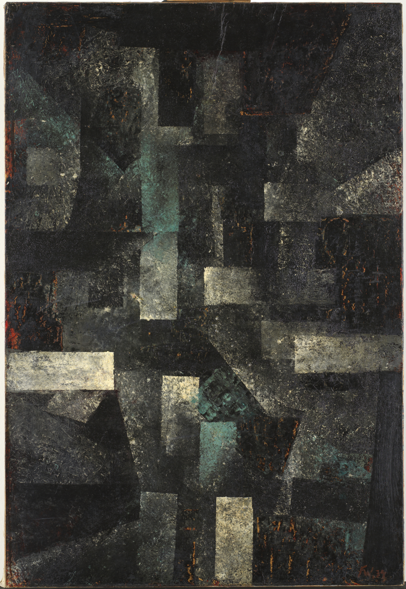 Abstraktes Gemälde mit rechteckigen und quadratischen Formen in dunklen Grautönen, Schwarz und vereinzelten grünen Akzenten.