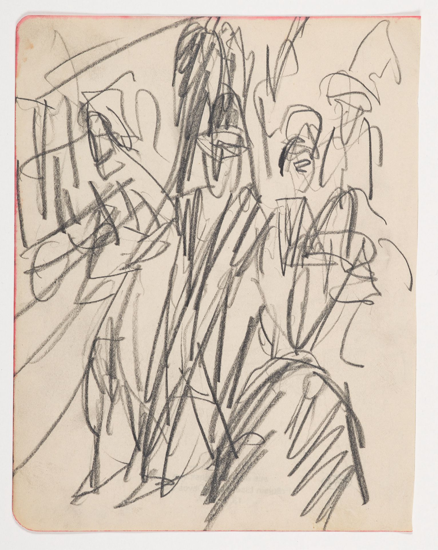 Eine Skizze einer Berliner Straßenszene aus einem Skizzenbuch mit roter Umrandung. Zu sehen sind schnelle Bleistiftstriche mit mehreren Figuren, die sich in verschiedene Richtungen bewegen.