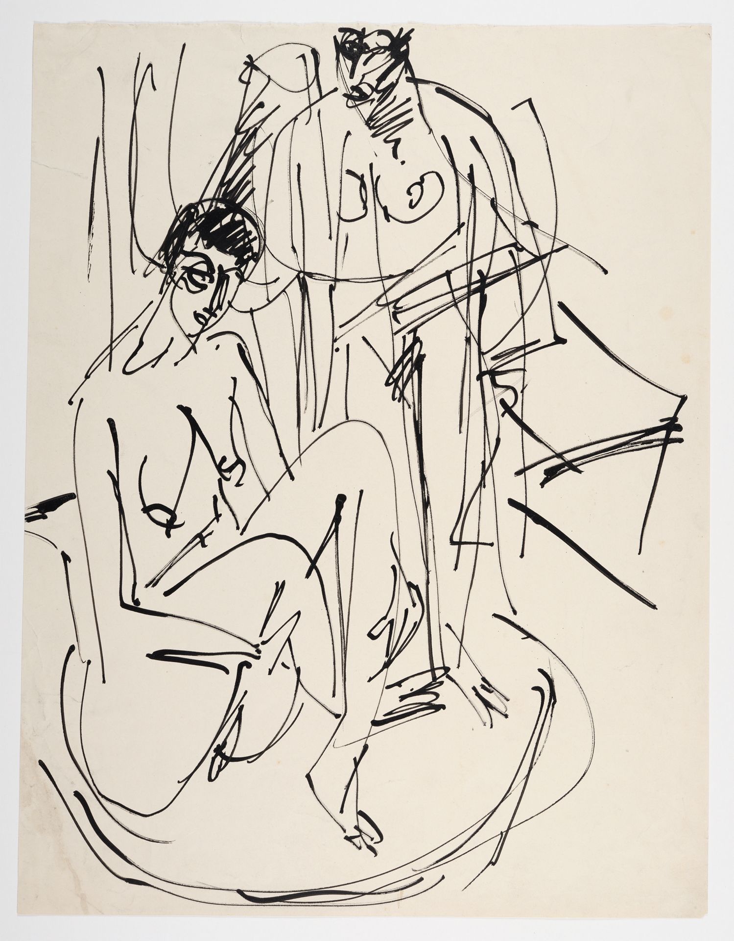 Eine Tintenzeichnung von Ernst Ludwig Kirchner, die die Schwestern Gerda und Erna Schilling zeigt. Beide Figuren sind nackt im Atelier dargestellt – die linke sitzt in einer Badewanne, die rechte steht und trägt einen Mantel