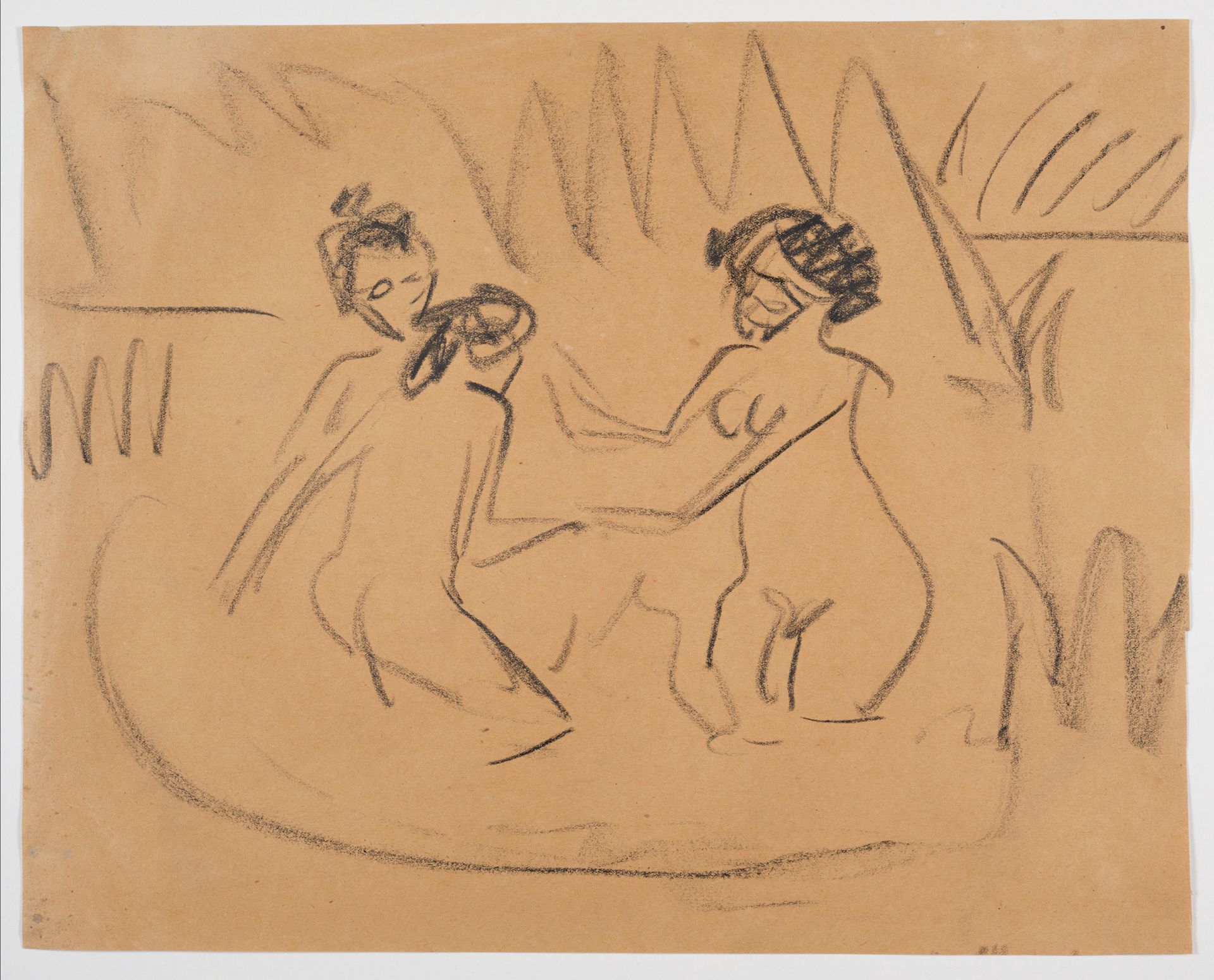 Eine Skizze von drei nackten, im Wasser tanzenden Frauen. Die Linien sind schlicht gehalten und betonen die dynamische Bewegung auf braunem Papier.