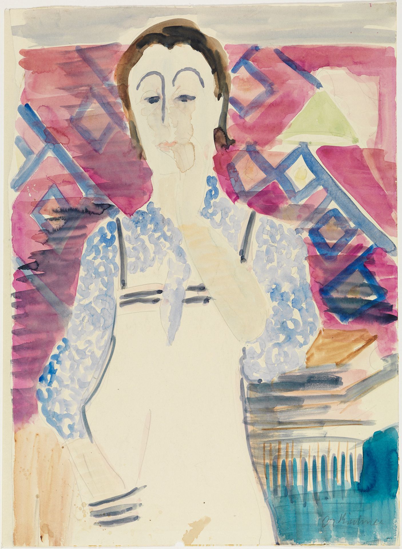 Aquarell eines stehenden Frauenporträts vor gemustertem Hintergrund in Rosa und Blau; die Figur trägt eine helle Schürze und blickt nach vorne.