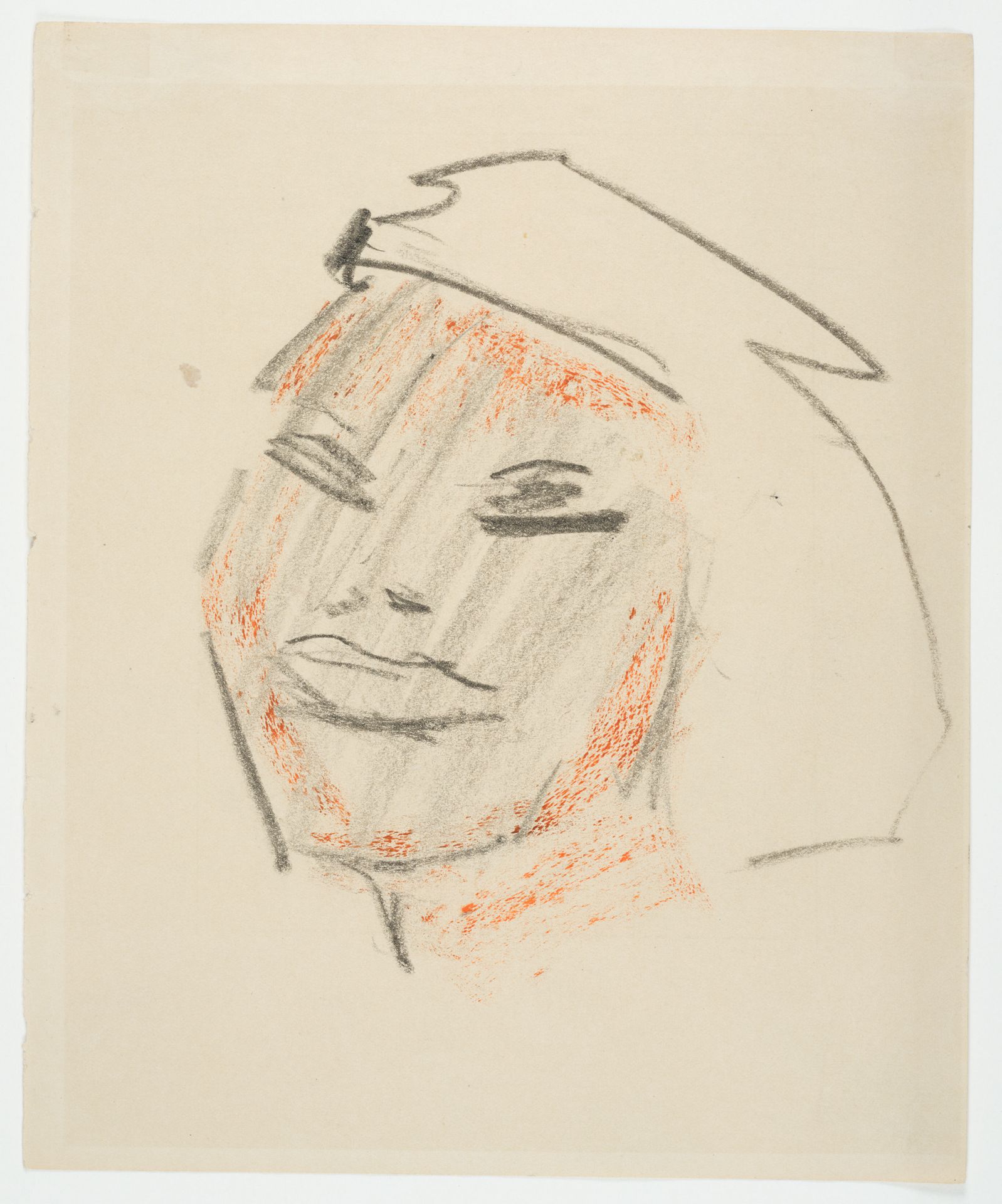 Ein Kopfporträt einer Frau mit reduzierten Linien. Die dunklere Haut wird durch Bleistiftschattierungen und rote Kreide hervorgehoben.