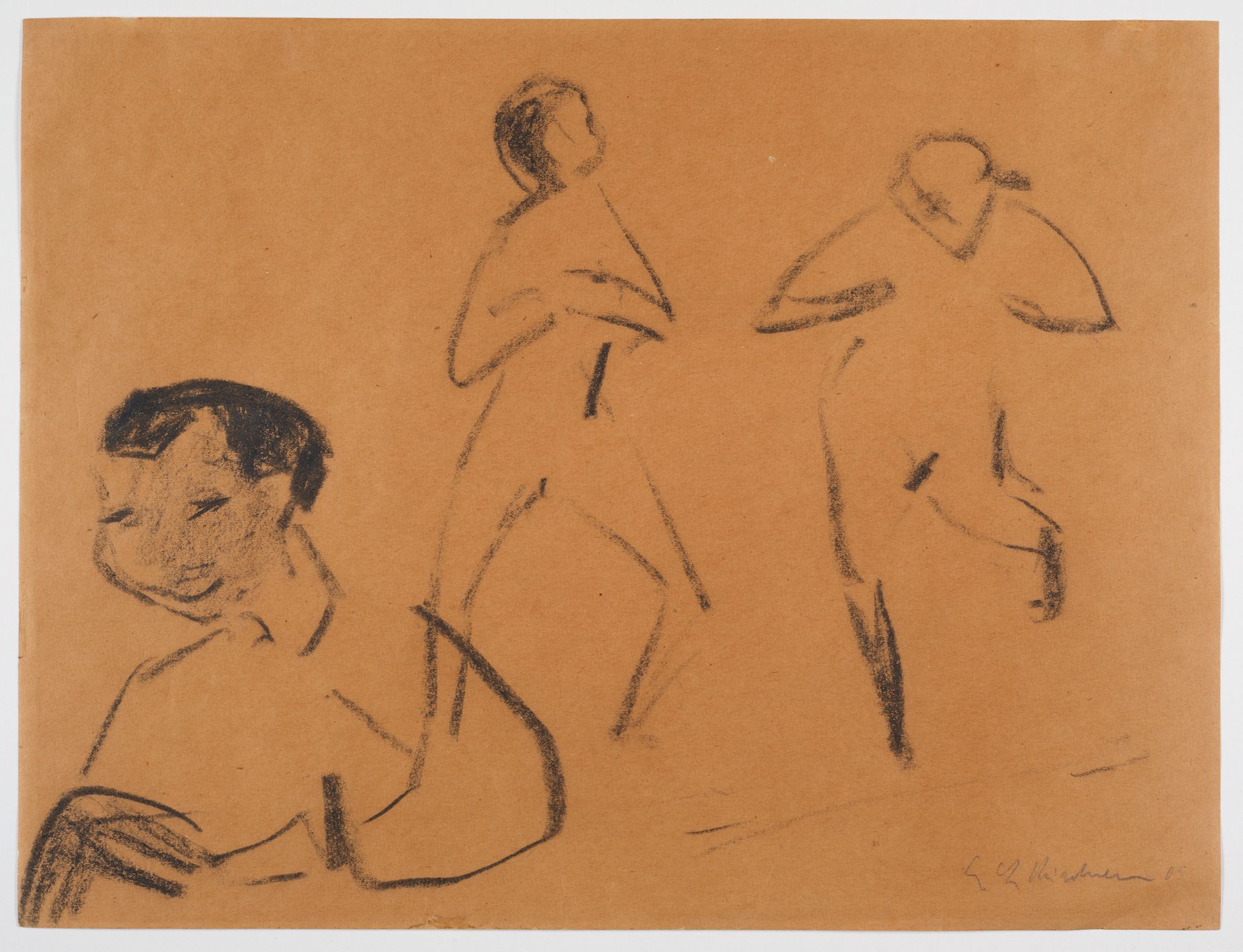 Eine Skizze von drei nackten Figuren, die im Atelier tanzend dargestellt sind. Die Figuren sind mit schlichten Linien gezeichnet; eine männliche Figur tritt hervor und blickt nach links.