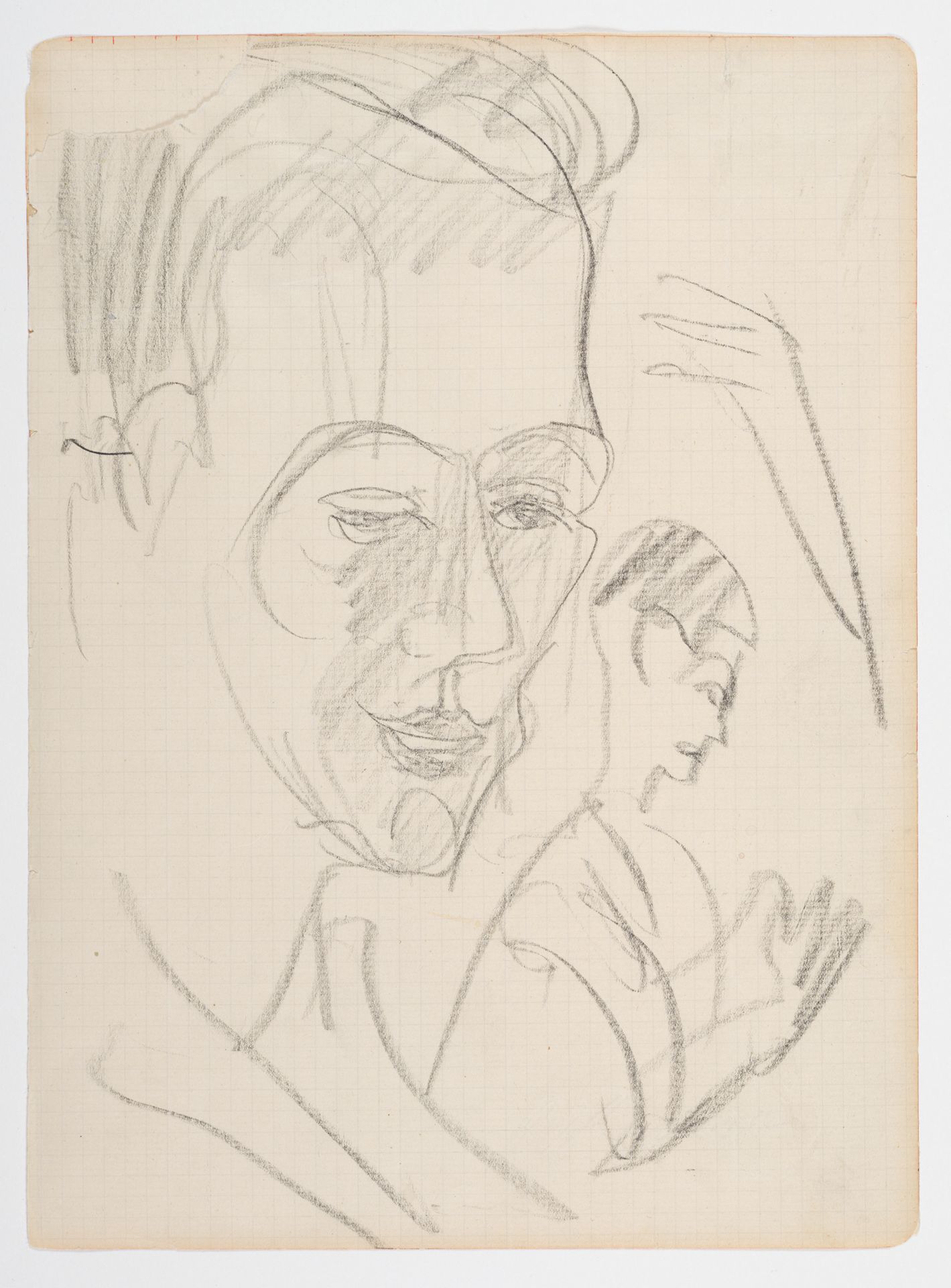 Eine Bleistiftzeichnung eines Selbstporträts von Kirchner. Er ist groß auf der linken Bildseite dargestellt, blickt melancholisch nach unten und scheint eine kleinere Figur mit kurzen Haaren zu umarmen, die nach rechts schaut.