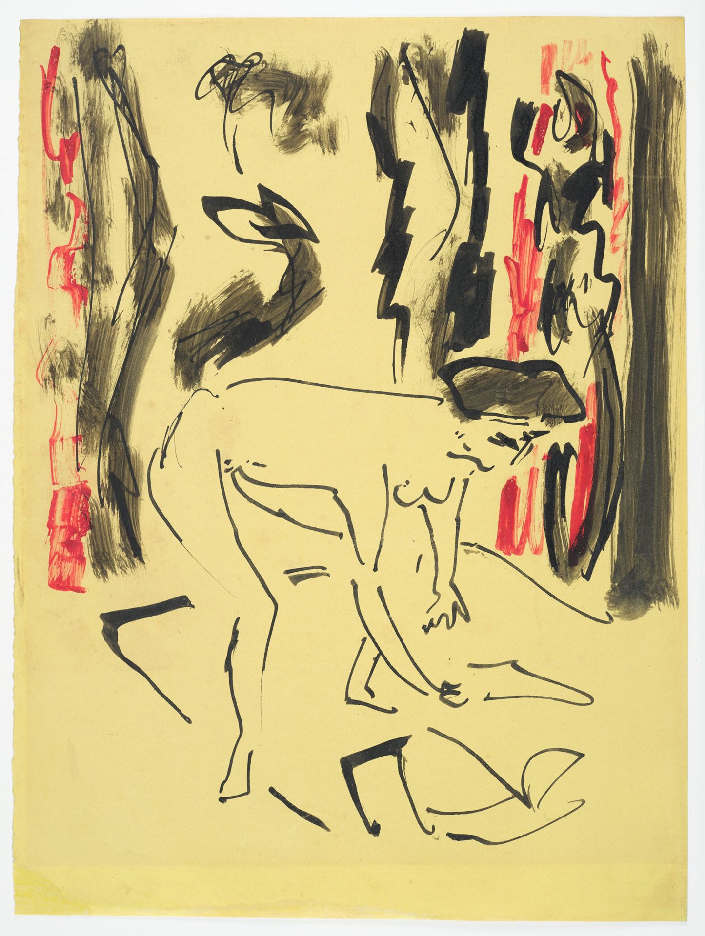 Eine schnelle Zeichnung in Tinte und Tusche einer nackten, sich nach unten beugenden Figur im Atelier. Der Hintergrund zeigt die Ausstattung des Ateliers in dicken, dynamischen Pinselstrichen.