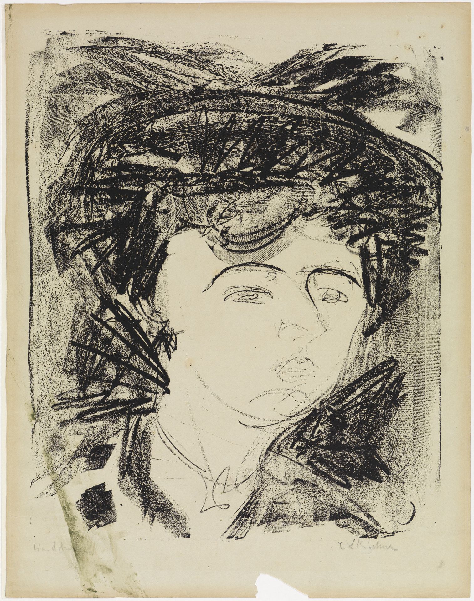 Eine Lithografie eines Frauenkopfs mit Hut. Die Linienführung ist dynamisch, die Gesichtszüge sind mit feinen Strichen ausgearbeitet.