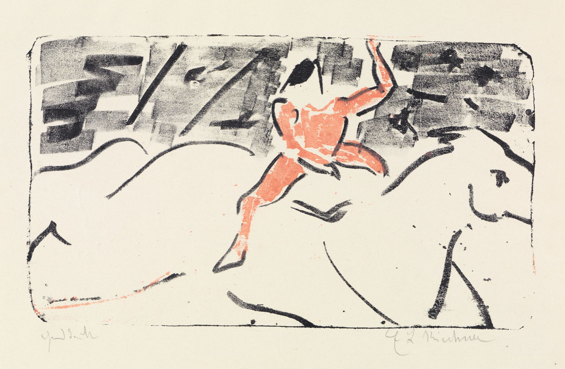 Lithografie mit einer dynamischen Darstellung eines Reiters auf einem weißen Pferd. Die Figur in rötlicher Farbe ist in Bewegung gezeigt, mit erhobenem Arm, während das Pferd in kräftigen schwarzen Linien angedeutet ist. Ausdrucksstil mit reduzierter Formensprache.