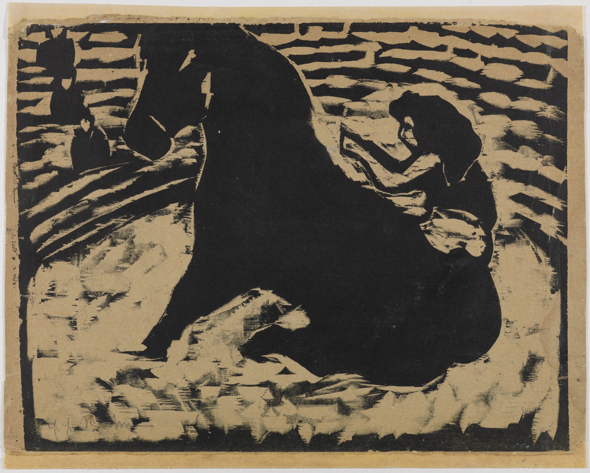 Ein Holzschnitt einer Zirkusszene mit einem Pferd im Bildzentrum. Es wird von einer Frau geritten und zeigt eine dynamische Bewegung; um die runde Manege sitzen kleine Figuren, die die Szene betrachten.