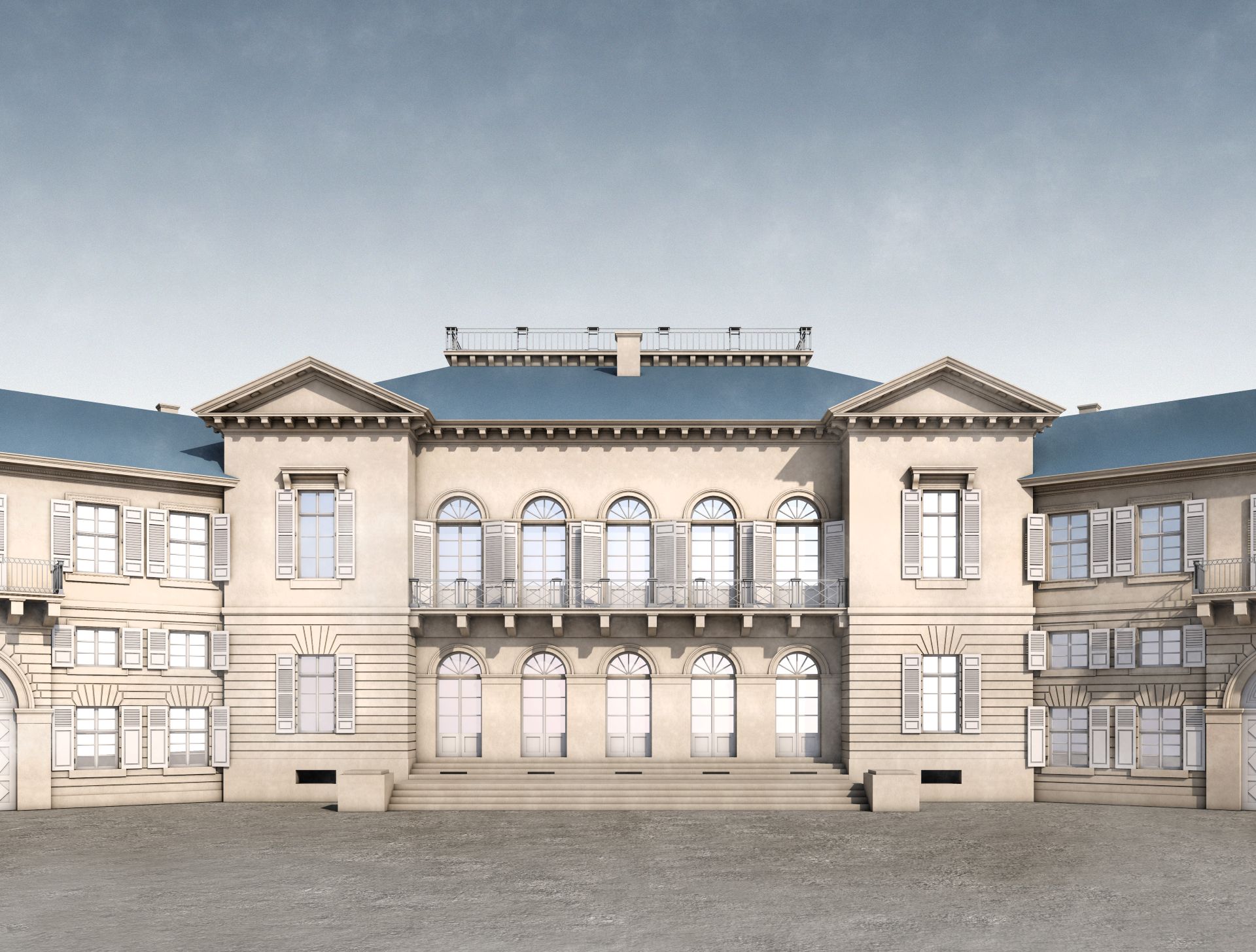 3d visualisierte Rekonstruktion des Markgräflichen Palais aus Perspektive der Gartenfassade. Mit einem Langbau, zwei Seitenflügeln und zwei Querbauten.