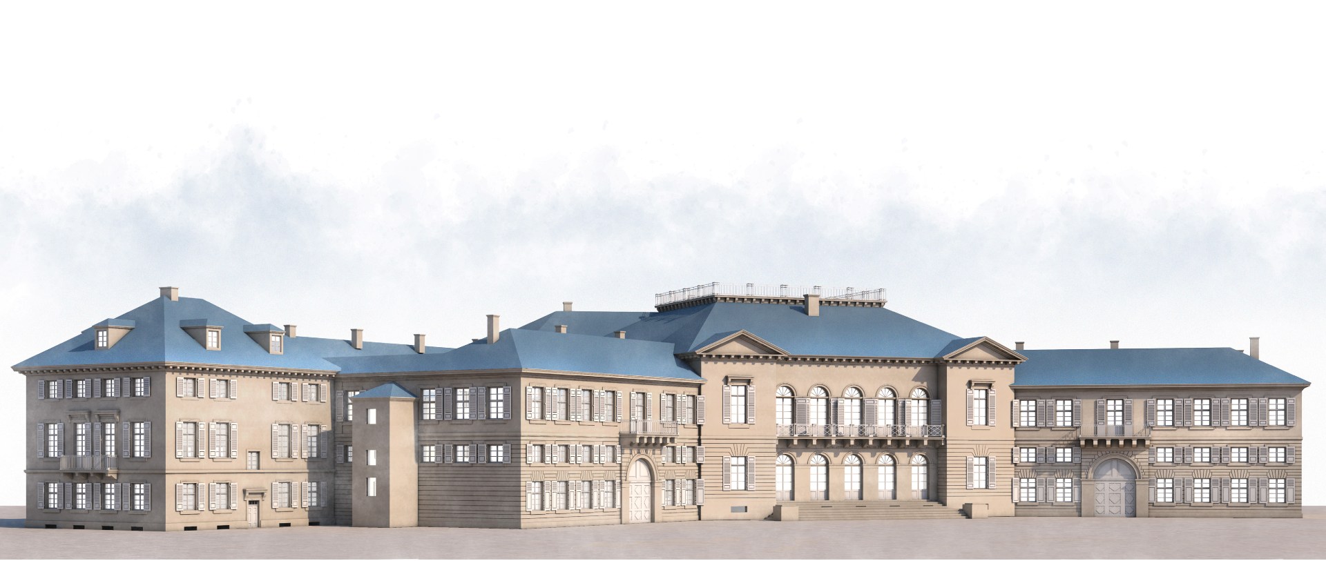 3d visualisierte Rekonstruktion des Markgräflichen Palais aus Perspektive der Gartenfassade. Mit einem Langbau, zwei Seitenflügeln und zwei Querbauten.