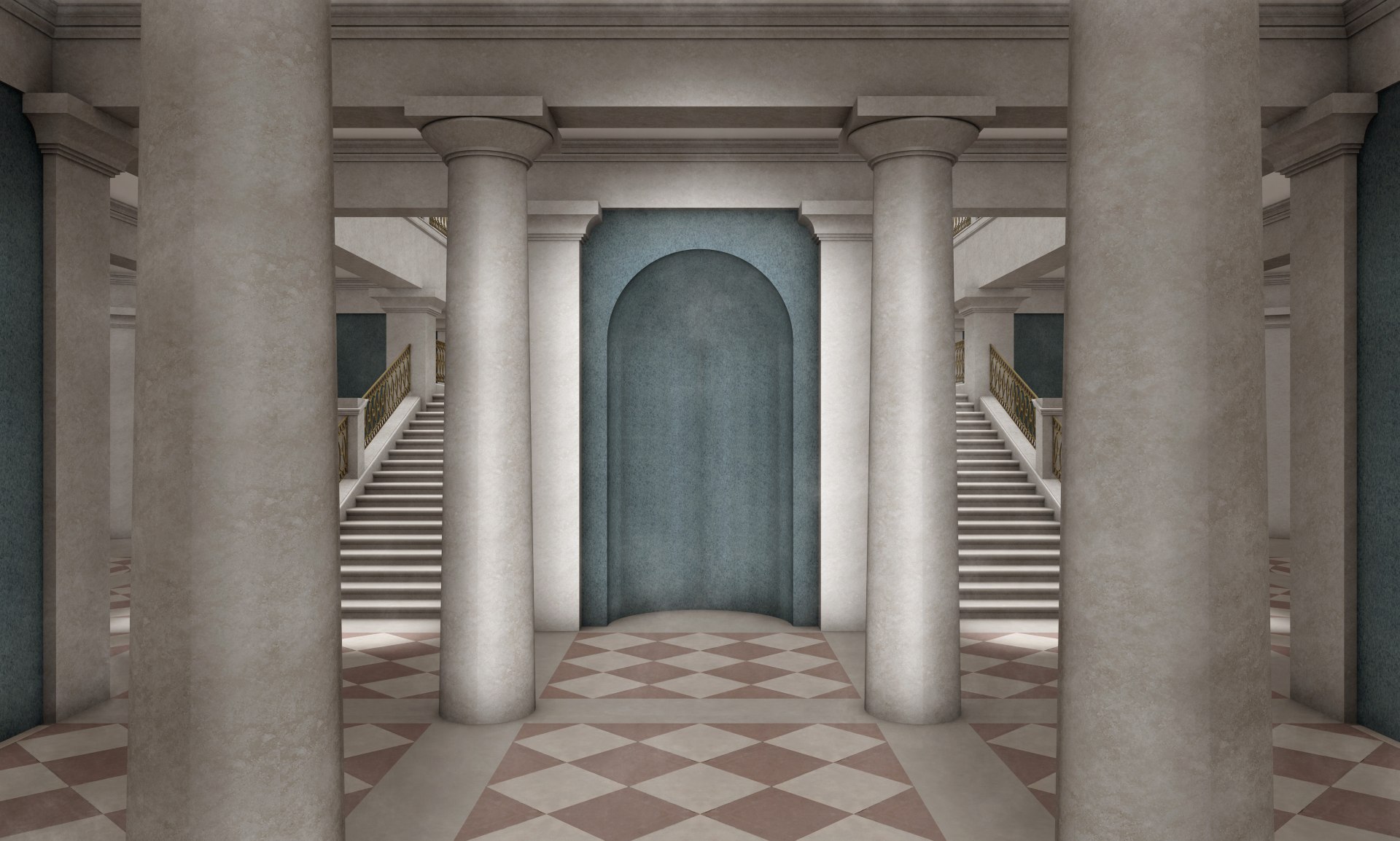 3d visualisierte Rekonstruktion des Markgräflichen Palais, Blick in den Innenraum, in ein sogenanntes Vestibül, mit Karofliesen, Säulen und einem Treppenaufgang