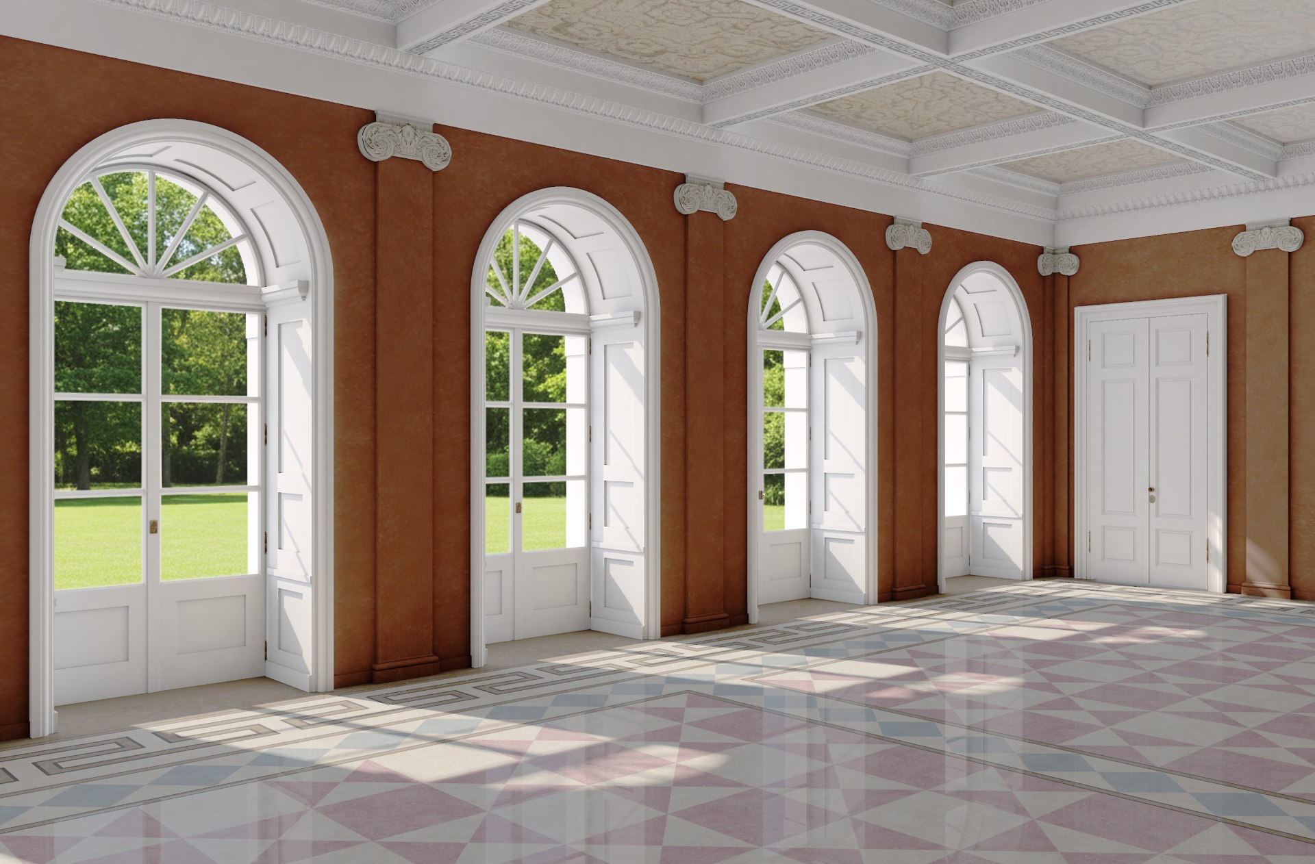 3d visualisierte Rekonstruktion des Gartensaals im unteren Stockwerk des markgräflichen Palais. Rundbogen Fenster mit Sprossen führen in einen grünen Garten. Der Saal hat rote Wände.