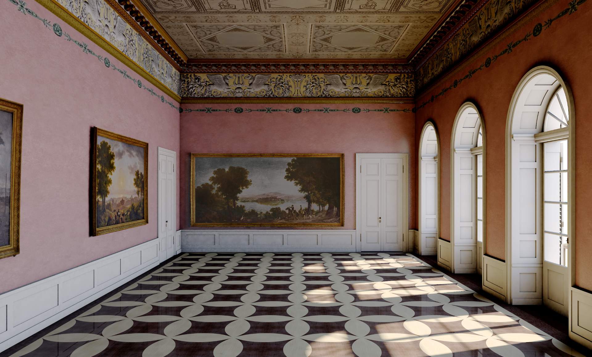 3D Visualisierung des Gartensaal im Obergeschoss des Markgräflichen Palais mit rosafarbenen Wänden, Historien- und Landschaftsmalerei an den Wänden, Kassettendecke mit aufwändiger Gestaltung und karierten Fliesenmuster-Boden.