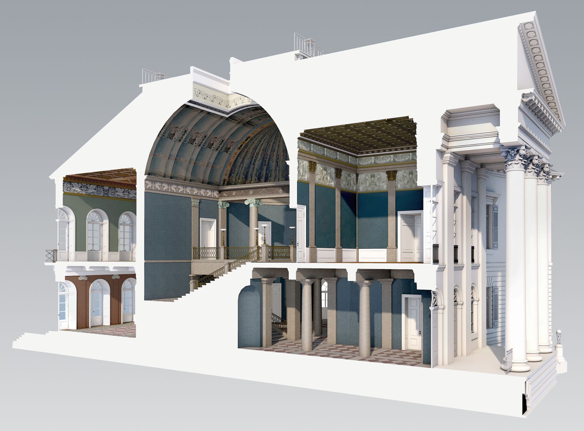 3d visualisierte Rekonstruktion perspektivischer Schnitt durch den Mitteltrakt mich Blick in die einzelnen Räume