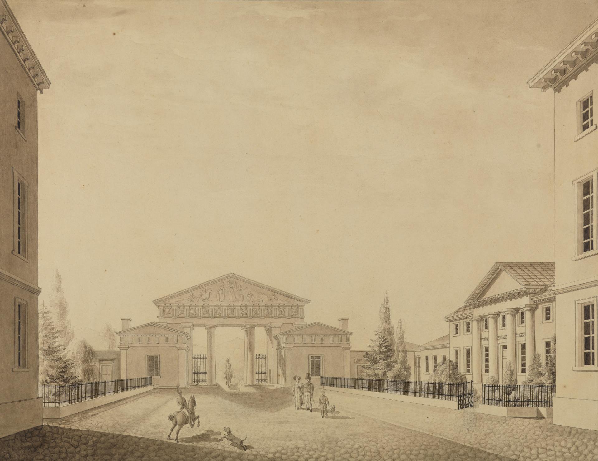 Zeichnung des Ettlingertors mit Säulenportikus. Daneben steht ein ebenfalls klassizistisches an die römische Architektur angelehntes Wohnhaus, in dem Friedrich Weinbrenner lebte.