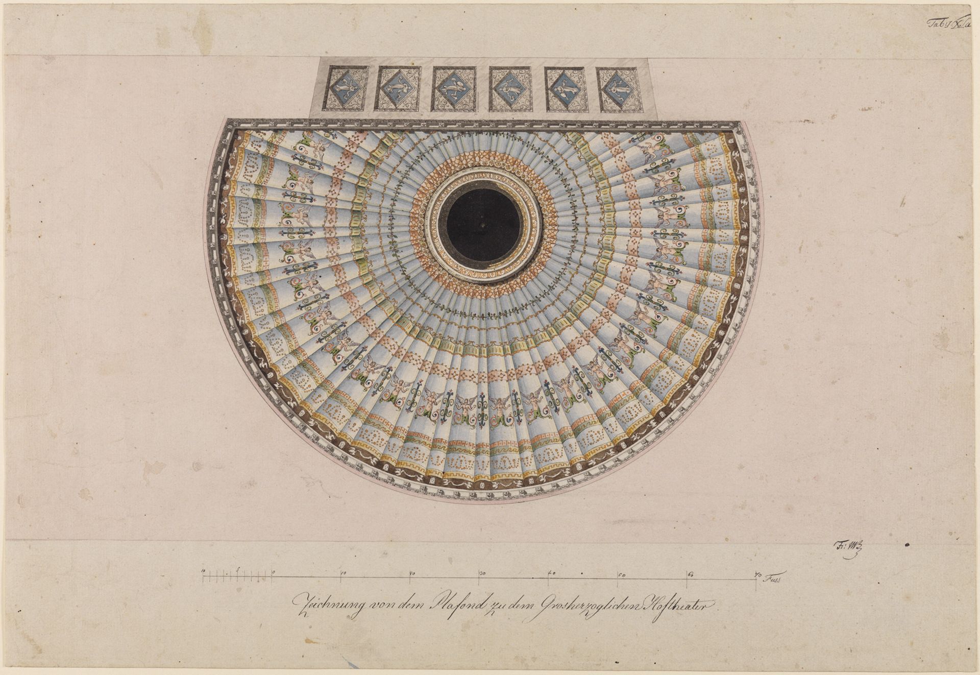 Zeichnung von Weinbrenner, die die Dekoration der Decke im Zuschauerraum des Hoftheaters zeigt.