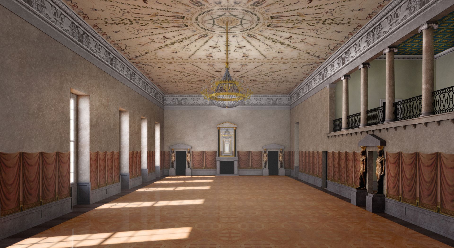 Blick auf eine 3d visualisierte Rekonstruktion die den großen Konzert- und Kasinosaal des Hoftheaters zeigen mit roter Wandvertäfelung, einem Kronleuchter und Deckenmalerei