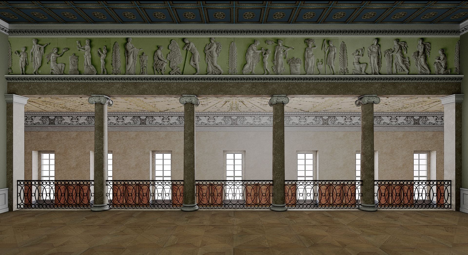 Blick auf eine 3d visualisierte Rekonstruktion die den großen Konzert- und Kasinosaal des Hoftheaters zeigt