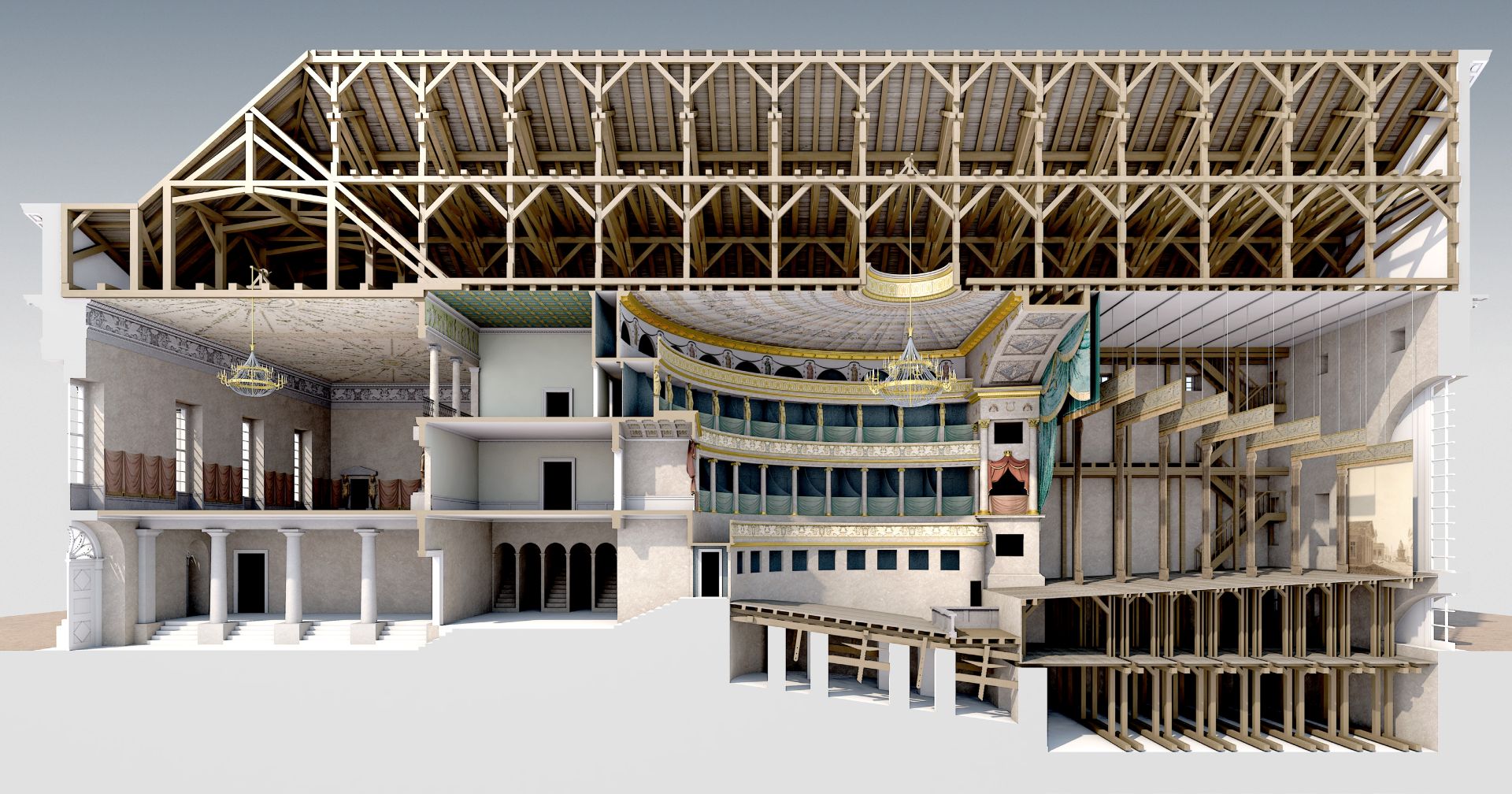Blick auf eine 3d visualisierte Rekonstruktion, die das Hoftheater im Längschnitt zeigt und Einblick in die Räume, den Dachstuhl und das Auditorium gewährt