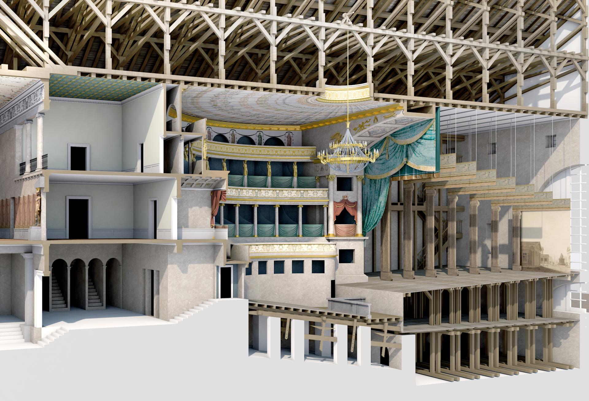 Blick auf eine 3d visualisierte Rekonstruktion, die das Hoftheater im Längschnitt zeigt und Einblick in die Räume, den Dachstuhl und das Auditorium und die Bühne inklusive Bühnenbild mit einer Zeichnung des Karlsruher Markplatzes gewährt