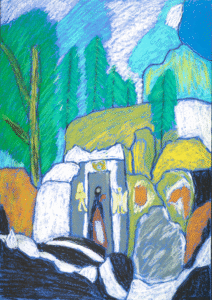Farbige Nachzeichnung (Ölpastell auf Blau) von Kellers „Böcklins Grab“: Mausoleum zwischen Tannen, dunkle Gestalt am Eingang.