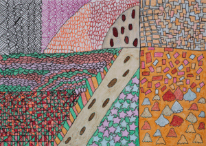 Kleinteilige Zentangle-artige Musterzeichnung in vielen Feldern mit Ketten-, Wellen-, Punkt- und Sternmustern.