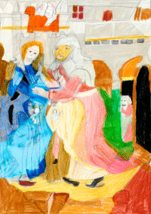 Bunte Figurenstudie der Verkündigungssezne, zwei Frauen umarmen sich. In der Bauchgegend sind gezeichnete Babys zu erkennen. Durch eine Tür im Hintergrund tritt eine Frau hinein.
