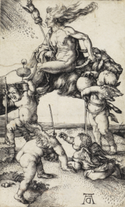 Kupferstich Die Hexe von Albrecht Dürer um 1500. Zu sehen sind Kinder die eine weibliche, nackte Person auf einem Ziegenbock tragen.