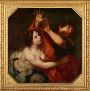 Ölgemälde „Joseph und das Weib des Potiphar“ (Kopie nach Carlo Cignani) in einem achteckigen Goldrahmen. Die Szene zeigt die Frau des Potiphar mit entblößtem Oberkörper und blau-goldenem Brokattuch, wie sie den jungen Joseph am rote Manteltuch festhält. Joseph wendet sich erschrocken ab, blickt auf und hebt schützend die Hände.