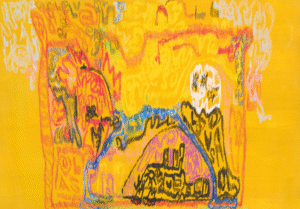 Bunte expressive Stiftzeichnung auf Gelb mit blauer Bogenlinie, schwarzer Gebäudeform, roten Flammenmustern und weißer Wolkenform.