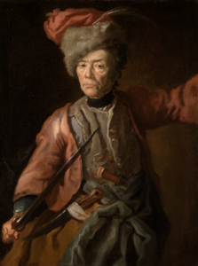 Das Gemälde von Johann Georg Dathan zeigt eine ältere Person vor dunklem Hintergrund, die eine reich verzierte Uniform mit militärischen Details trägt.
