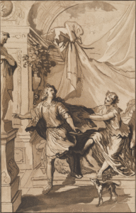 Braun getönte Aquatinta-Grafik von Maria Katharina Prestel nach Gérard de Lairesse, den biblischen Stoff „Joseph und die Frau des Potiphar“ darstellend. In einem architektonisch gegliederten Raum mit Säulen und Vorhängen flieht Joseph bekleidet nach links. Die rechts auf einer Liege sitzende Frau greift nach seinem dunklen Umhang, um ihn zurückzuhalten. Vor ihnen blickt ein kleiner Hund aufmerksam zu Joseph auf.