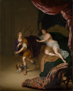 Ölgemälde von Willem van Mieris, „Joseph und die Frau des Potiphar“. In einem prunkvollen Gemach lehnt die Frau des Potiphar fast nackt auf einem grünen Samtbett mit rotem Baldachin. Sie greift mit ausgestrecktem Arm nach dem lila Mantel von Joseph. Joseph, im braunen Gewand mit Römersandalen, weicht schockiert nach links aus, blickt hilfesuchend nach oben und drückt eine Hand an die Brust. Zu seinen Füßen liegt ein weiß-brauner Spaniel, der ihn anbellt.