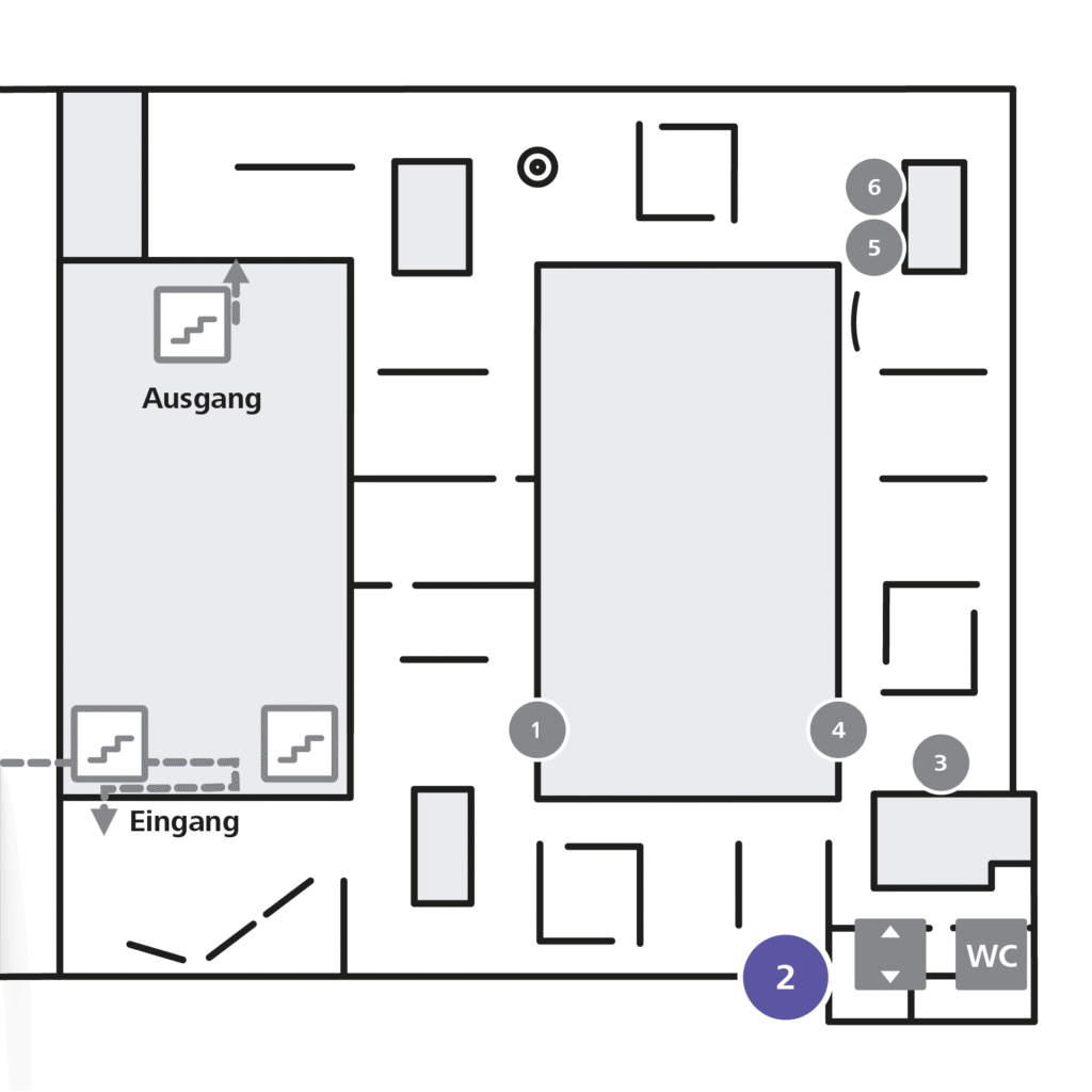 Orientierungsplan der Ausstellung "See You Begegnungen mit der Kunsthalle Karlsruhe" im 1. Obergeschoss des Hallenbaus. Hervorgehoben ist Station 2 der Tour "500 Jahre Gegenwart".