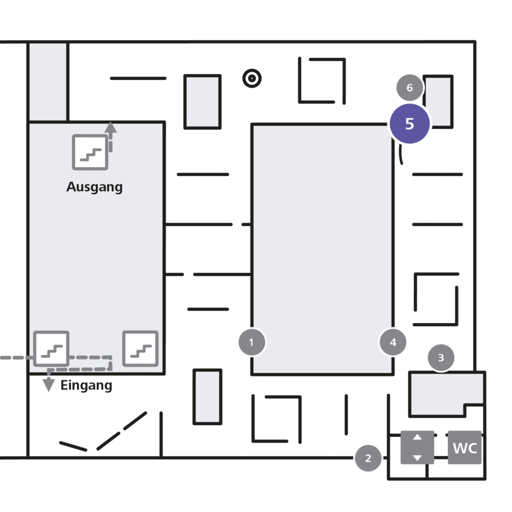 Orientierungsplan der Ausstellung "See You Begegnungen mit der Kunsthalle Karlsruhe" im 1. Obergeschoss des Hallenbaus. Hervorgehoben ist Station 5 der Tour "500 Jahre Gegenwart".