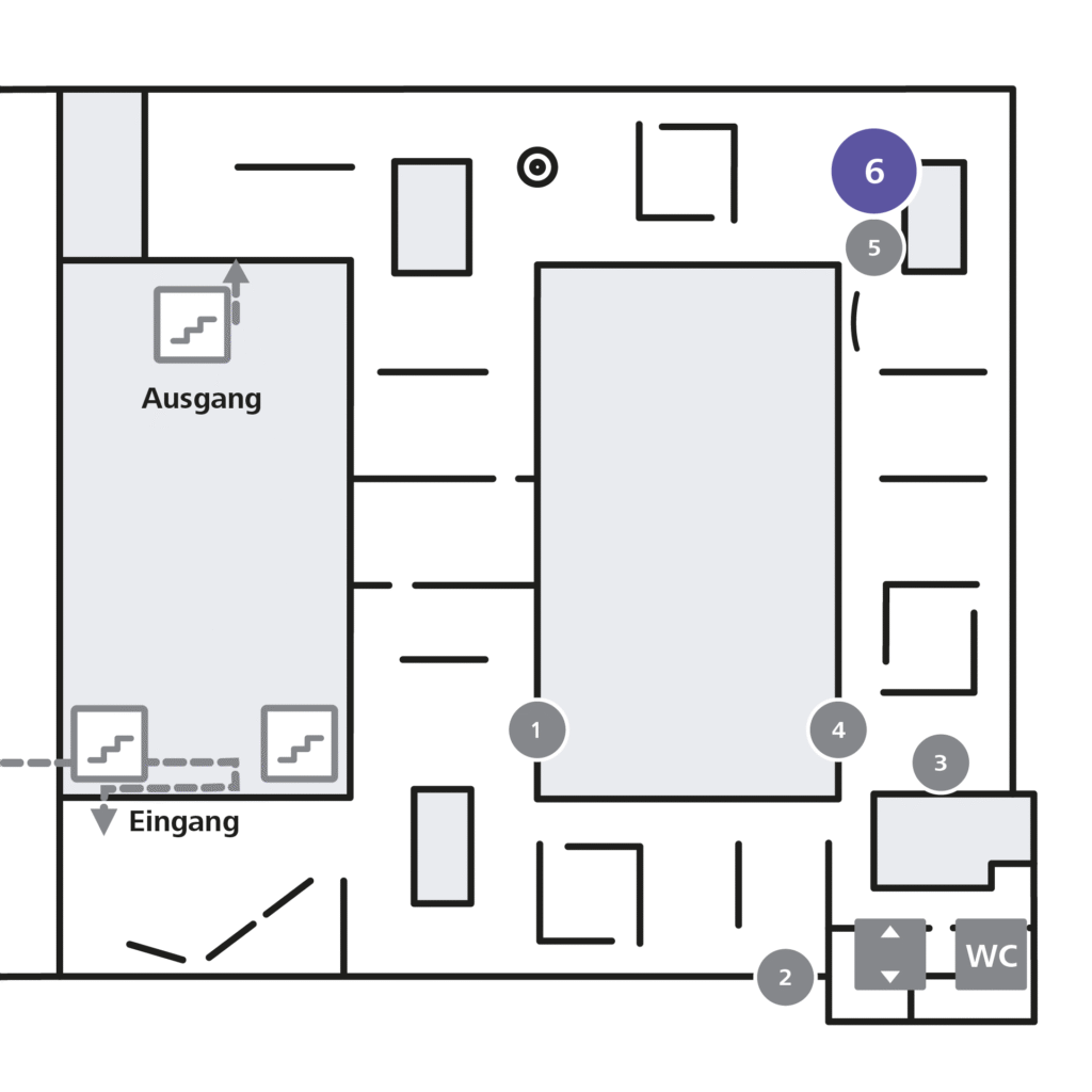 Orientierungsplan der Ausstellung "See You Begegnungen mit der Kunsthalle Karlsruhe" im 1. Obergeschoss des Hallenbaus. Hervorgehoben ist Station 6 der Tour "500 Jahre Gegenwart"